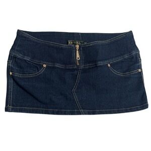 Redial Denim y2k Low Rise Micro Mini Skirt Medium Dark Wash Front Zip Closure